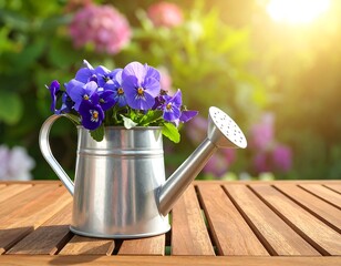 Purple pansies rest in a small, silver watering can on a wooden table in a sun-drenched garden scene