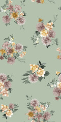 Seamless Elegant Vintage Floral Pattern Sage Green Background
