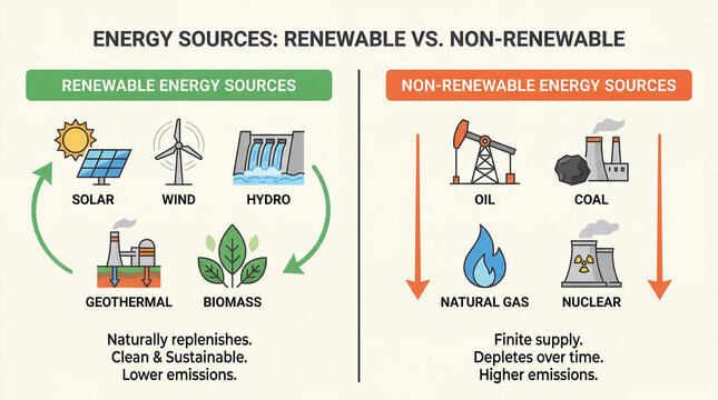 Infographic comparing renewable versus non-renewable energy sources with icons, sustainability education concept
