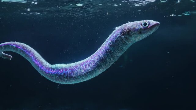 A luminescent eel swims underwater, its form lit with purples, blues, and whites
