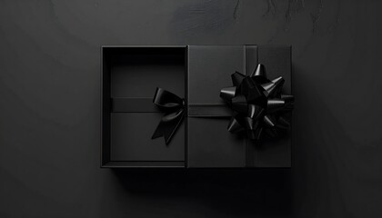 Opened black box with a bow sits on a dark surface, emitting an air of mystery and subtle elegance