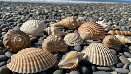 Diverse Seashells and Pebbles on a Textured Beach Shoreline