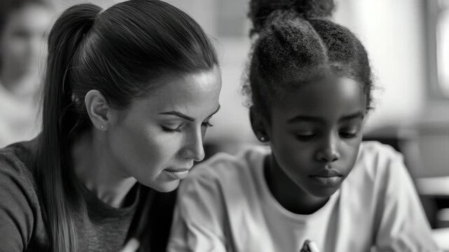 Woman instructing a student on work at table.