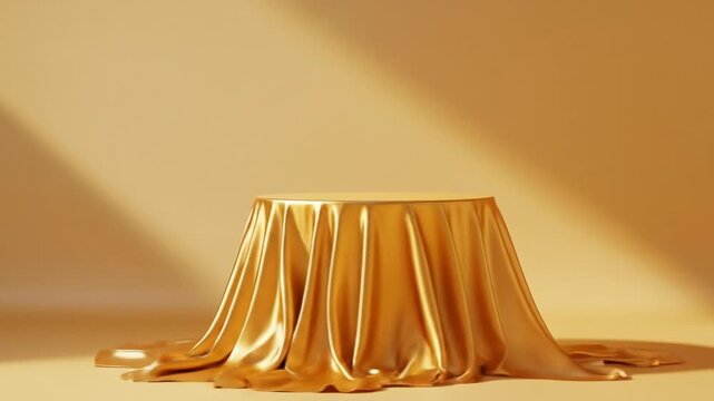 Elegant golden cloth draped over a round table in a softly lit studio setting