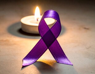 Purple ribbon stands before a lit candle. Symbolizes remembrance, support, and awareness against a pale, textured surface