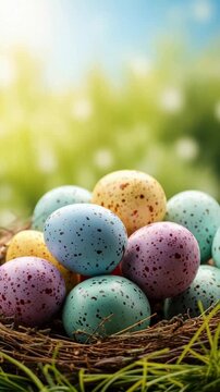 Osternest mit bunten Eiern auf Fr&uuml;hlingswiese
