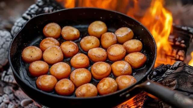 Golden Potatoes: A rustic scene showcasing golden potatoes sizzling in a cast-iron skillet, resting over a crackling campfire, offering a delicious experience.