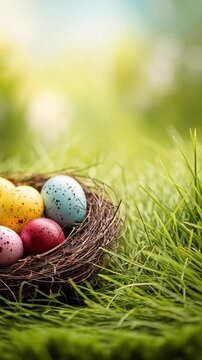 Osternest mit bunten Eiern auf Fr&uuml;hlingswiese