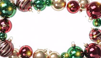 Festive Christmas and New Year frame isolated on white background featuring elegant glass bauble ornaments and gold holiday sphere decorations for a winter celebration border