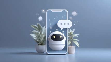 A smartphone displays a chatbot avatar and speech bubbles, flanked by plants, set against a blue-gray gradient background
