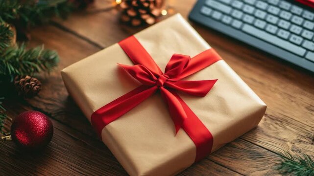 An unopened Christmas gift wrapped in gold paper and adorned with a red bow. The festive item sits on a wooden table decorated for the holiday season, suggesting it's ready to be unwrapped.