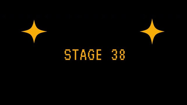 Retro pixel art stage 38 title screen animation with glowing stars on a black background. 4K video animation for video game