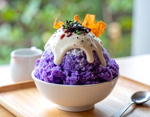 Purple shaved ice dessert in a white bowl with cream and crispy toppings, sits on a wooden tray
