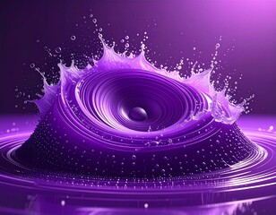 Purple speaker erupts from the liquid surface, creating a splash of droplets in a monochromatic gradient scene