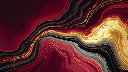 Abstract Fluid Art with Gold, Red, and Black Swirls.