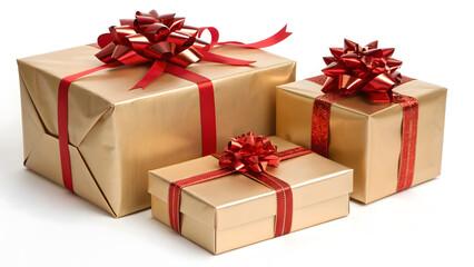 Obraz premium Three golden gift boxes with red ribbons and bows isolated on white background perfect for holiday celebrations and special occasions