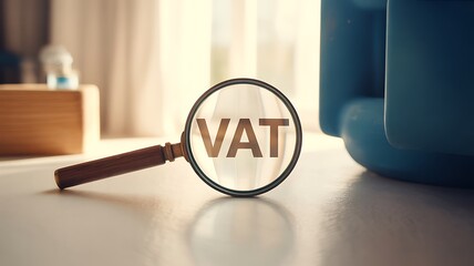 Magnifying glass focused on the word VAT on a desk, representing tax inspection and financial review.