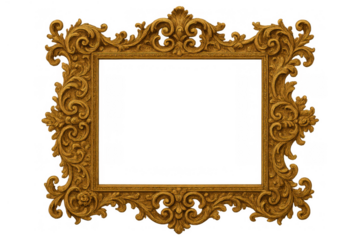 Ornate gold carved picture frame with baroque rococo details, vintage antique empty border on transparent background