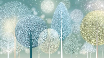 Abstract Forest Illustration with Bokeh Lights and Soft Colors.