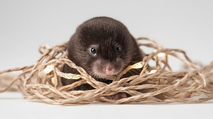Adorable baby mink nestled in a bed of string lights.