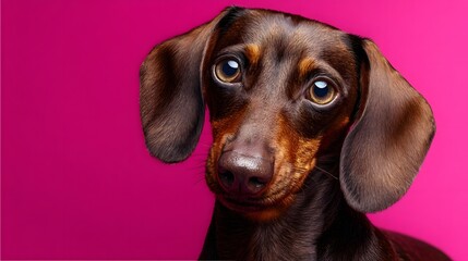 Adorable Dachshund with expressive eyes against a vibrant pink background.