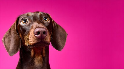 Adorable Dachshund with soulful eyes against a vibrant pink backdrop.