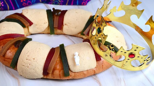 Traditional Rosca de Reyes. Mexican Epiphany King's cake with golden crown