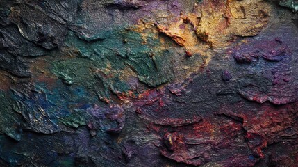 A textured, abstract artwork featuring layers of multi-colored, rough paint strokes. The piece displays a range of colors, giving a tactile and dimensional effect