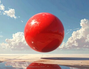 Large, smooth, red sphere floats above a white, reflective surface with a blue sky and fluffy clouds backdrop
