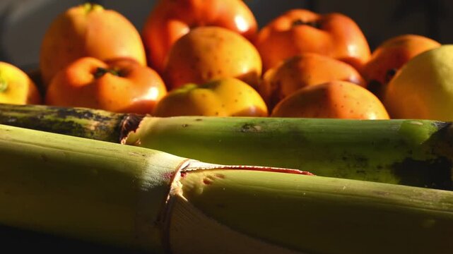 Close-up of tejocotes, guavas, and sugarcane rotating in slow motion