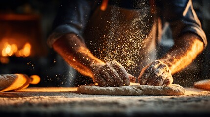 Artisan Baker Kneading Dough with Flour in Rustic Kitchen.