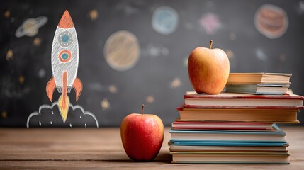 Back to school concept with books, apples, and rocket.