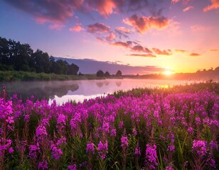 Purple wildflowers bloom by a tranquil lake at sunrise under a vibrant, colorful sky