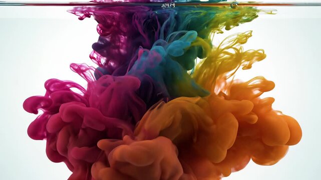 Glass bowl showcasing swirling colorful inks creating mesmerizing visual display conveying creative freedom artistic expression perfect for cooking show backgrounds restaurant advertisements.