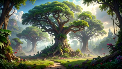 Lush forest with giant, verdant trees, a winding path, and flowers under a bright, partly cloudy sky