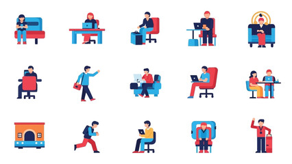 Modern flat design vector icons illustrating diverse people engaged in professional work, daily commutes, and various business and lifestyle activities