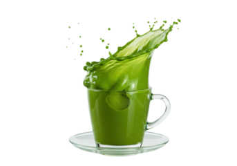 ultra-detailed, symmetrical crown splash of vibrant emerald matcha tea in a thin-rimmed borosilicate glass cup, frozen high-speed motion against white. concept for beverage advertising