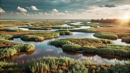 A majestic expanse of undulating wetlands stretches towards the horizon, with a tapestry of greens and blues reflecting the moods of nature