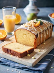 Moist vanilla pound cake infused with a subtle hint of orange zest atop a crumbly golden crust, finished with a drizzle of freshly squeezed orange jui