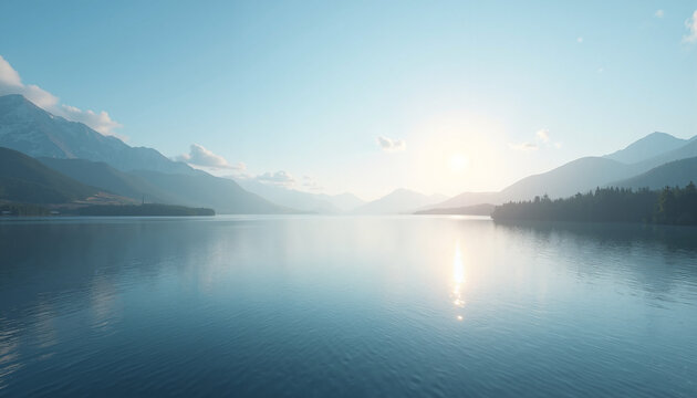 Serene mountain lake at sunrise, calm water reflecting bright sun and distant peaks. Tranquil mountain lake vista features vast surface, sun glare, and surrounding landscapes.