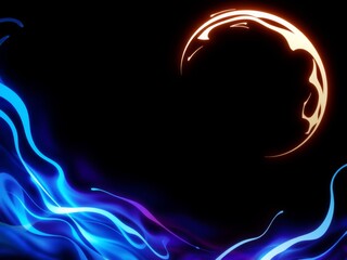 Glowing abstract shapes create a dynamic contrast of color and light on a dark background