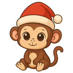 Obraz premium Festive Monkey's Cheer: A charming cartoon monkey, adorned in a vibrant Santa hat, spreads holiday cheer with its adorable expression. The illustration conveys warmth, joy.
