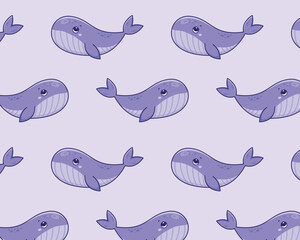 Cute cartoon whale. Sea pattern. Isolated background. Vector illustration