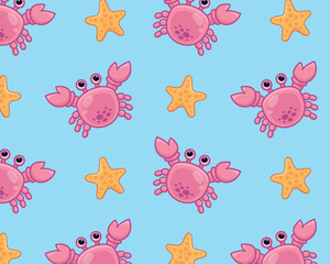 Cute cartoon crab and starfish. Sea pattern. Isolated background. Vector illustration