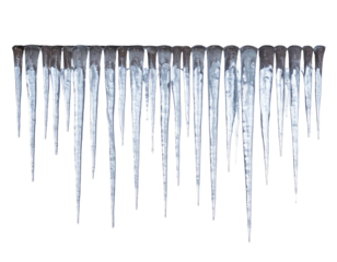 Close-up view of a cluster of transparent icicles hanging downwards, captured against a black background