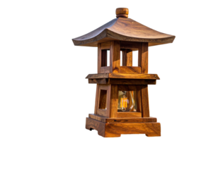 Wooden Asian-style lantern with open windows and a lightbulb inside