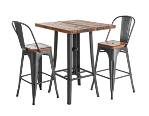 A pair of metal chairs flanking a square-top high table, all with wooden seats