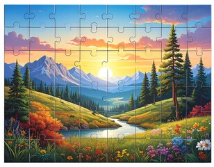 Puzzle image depicting a vivid landscape with mountains, river, trees, and flowers under a vibrant sunset sky