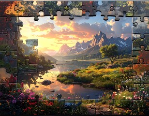 Puzzle frames stunning mountain view with river, flowers, and a vibrant sunset sky, partially assembled
