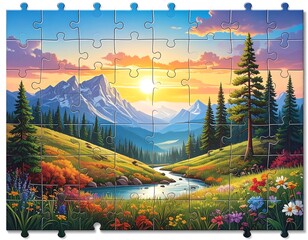 Puzzle landscape river flows through valley, with mountains and a bright sky at sunset